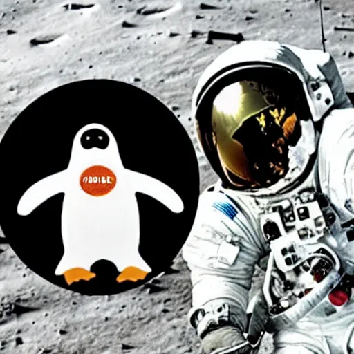 Image similar to penguin astronaut wearing helmet, standing next to the Apollo lunar lander. TV footage