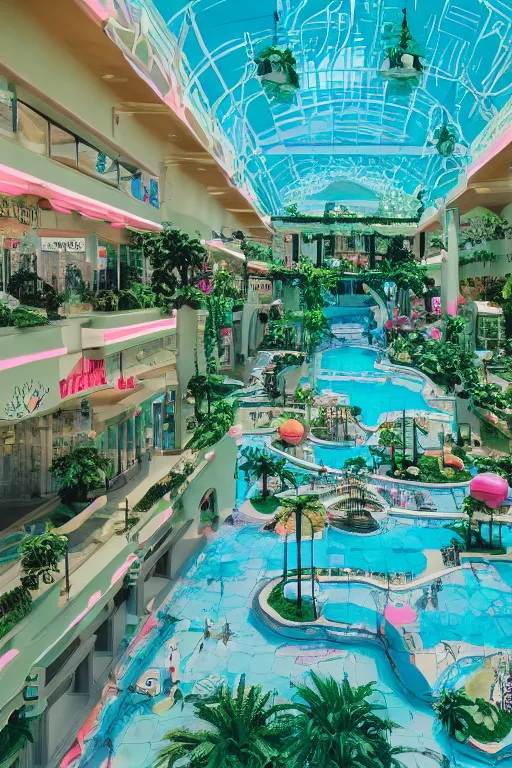 Prompt: vaporwave aesthetic indoor liminal 90s mall with a lazy river, cinematography by Wes Anderson, Wide angle shot, 4k octane render, Fuji film, intricate detail, photoreal, cinematic, sublime atmosphere