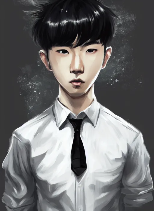 Image similar to a highly detailed illustration of attractive korean man with bowl cut black hair wearing shirt and tie, wielding giant black mist claws pose, tired expression, black mist surrounding background, intricate, elegant, highly detailed, centered, digital painting, artstation, concept art, smooth, sharp focus, league of legends concept art, wlop.