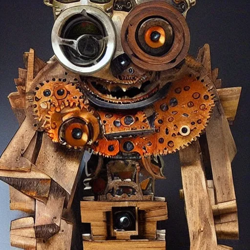 Prompt: A portrait of a complex wooden automaton with fire in its eyes, medievalpunk, clockworkpunk, detailed, orange