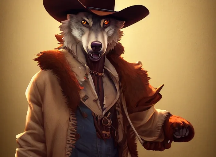 Prompt: character portrait icon of the anthro male anthropomorphic wolf fursona wearing cowboy outfit wild west desperado character design stylized by charlie bowater, ross tran, artgerm, and makoto shinkai, detailed, soft lighting, rendered in octane