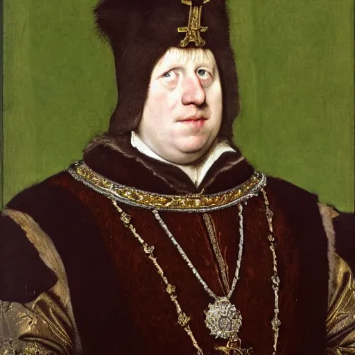 Image similar to a royal portrait of boris johnson as a king, painted by hans holbein, British Museum