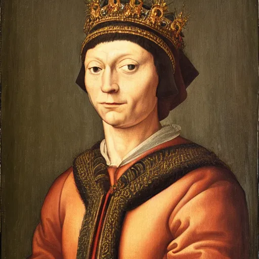 Image similar to a renaissance style portrait of a mule wearing a crown and a cape, dark background