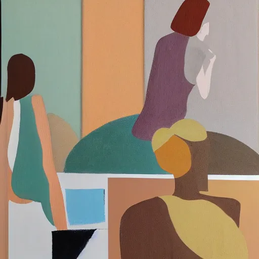 Prompt: A modern abstract painting depicting three women figures in three different rooms doing different poses, pastel modern earthy neutral tones, interesting geometry