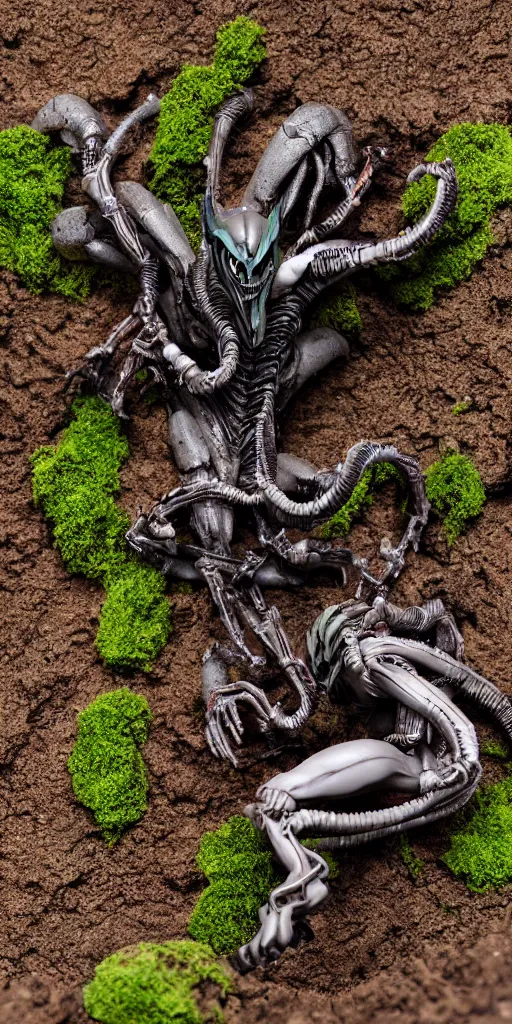 Image similar to bootleg figure of a plastic xenomorph diorama crushed on the ground surrounded of dirt and moss secondhand, mcfarlane, figma, cursed photography