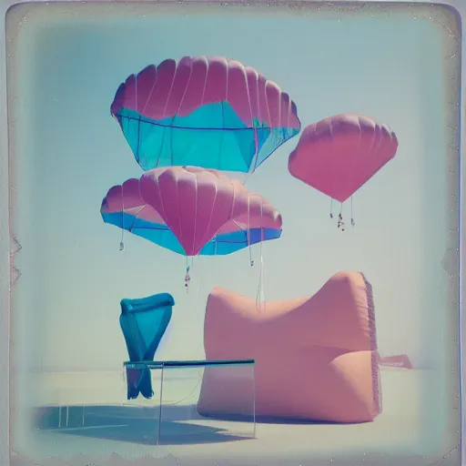 Image similar to a pastel colour high fidelity Polaroid art photo from a holiday album at a pink desert with abstract inflatable parachute furniture, all objects made of transparent iridescent Perspex and metallic silver, no people, iridescence, nostalgic