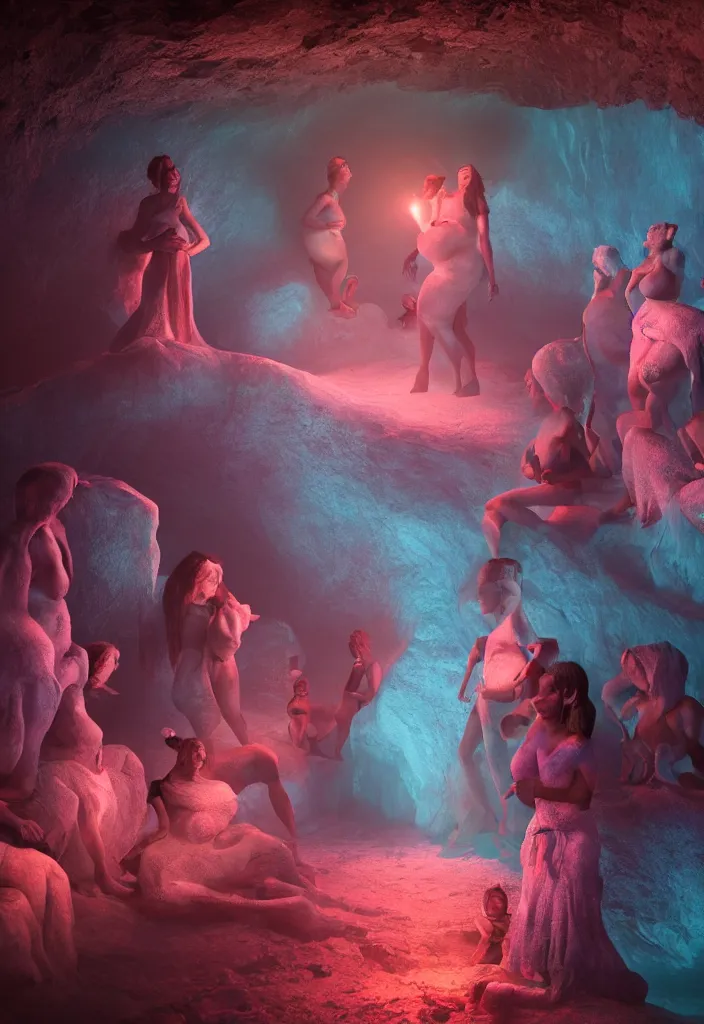 Image similar to epic leader pregnant woman talking to all her tribe with fluorescence bodies, proud people looking at the pregnant woman, ice cave, facinating, fantasy digital art, octane render, beautiful composition, trending on artstation, award - winning photograph, masterpiece