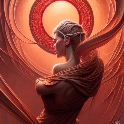 Image similar to low angle shot of a woman seen from the back with red wires , intricate, elegant, highly detailed, centered, digital painting, artstation, concept art, smooth, sharp focus, illustration, artgerm, Tomasz Alen Kopera, Peter Mohrbacher, donato giancola, Joseph Christian Leyendecker, WLOP, Boris Vallejo