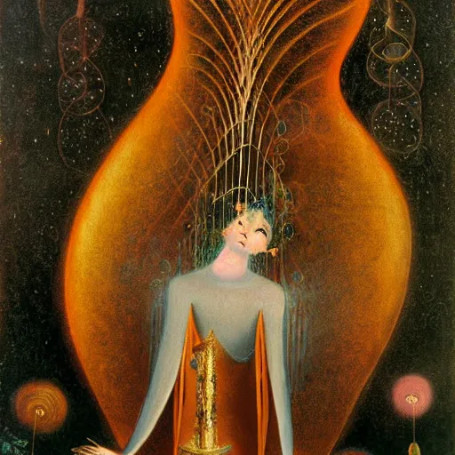 Prompt: By Remedios Varos, a genie trapped in a large harp being played by the worlds oldest man, high res, oil painting