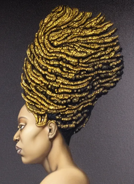 Prompt: a beautiful black woman's face in profile made of gold leaf skeleton, white hair, in the style of the dutch masters, rene magritte and rutkowski, dark and moody, matte, 8 k, hyper detailed, hyper realistic, intricate detail,