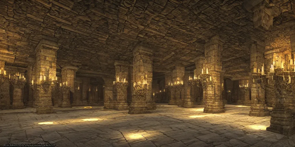 Prompt: The Great Hall of a Dwarven underground city by John Howe, gigantic pillars, sconces, intricate details, intricate stone carvings, unreal engine, octane render, trending on cgsociety, trending on artstation, epic, grandiose, awe inspiring, the mines of Moria, dwarven architecture, inlaid with gold