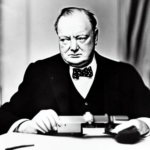 Image similar to A black and white photograph, circa 1940s, of Winston Churchill looking down at his smartphone