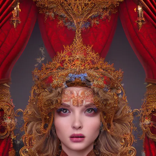 Prompt: wonderful princess, beautiful face, hyper detailed, flowing background intricate and detailed, ornate 8 k gorgeous intricate detailed red expensive fabric, octane render, cinematic colours