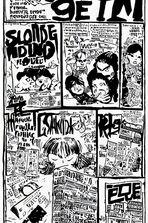 Image similar to scan of of an underground zine, 1 9 8 0 s, black and white, diy, comic art, underground, punk, typography, composition