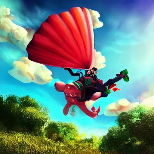 Image similar to A watermelon skydiving from a plane, dynamic lighting, cinematic, ultra detailed, trending on art station