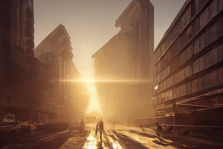 Image similar to streetscape, a towering cathedral of brutalist architecture, buildings covered with greebles, stunning volumetric light, sunset, metal, concrete and translucent material, stunning skies, majestic landscape, trending on Artstation, 8k, photorealistic, hyper detailed, unreal engine 5, IMAX quality, cinematic, epic lighting, in the style of Greg Rutkowski