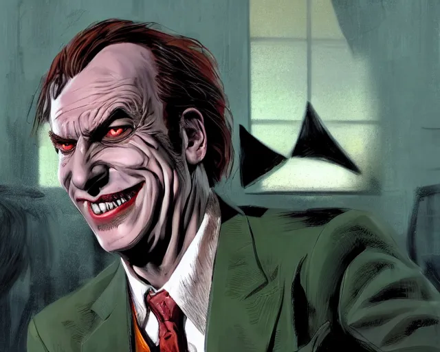 Image similar to portrait of saul goodman as the joker, gta loading screen, art by makoto shinkai and peter elson, bernie wrightson