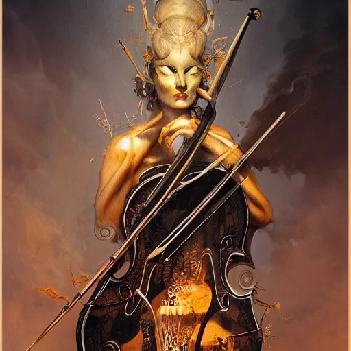 Image similar to illustration of close low angle view of an ornate obsidian gothic violin played by a goddess with gold spidery embellishments, night, smoke, ground fog, by peter mohrbacher, by frank frazetta, by vincent di fate, large depth of field, super detailed, digital art, trending on artstation, ornate