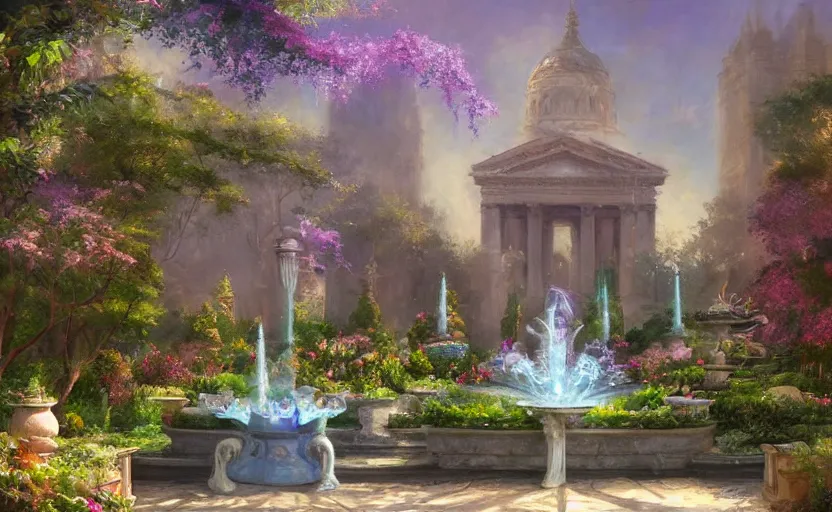 Prompt: Beautiful garden, next to a fountain and a mystical palace. By William-Adolphe Bouguerea, Jordan grimmer, fractal flame. Highly_detailded