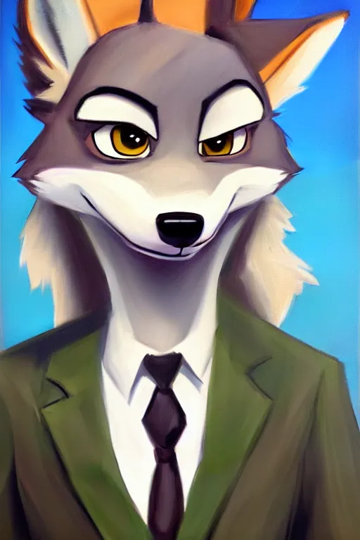 Image similar to oil painting of anthromorphic female wolf, in style of zootopia, female fursona, furry, furaffinity, 4 k, deviantart, furry art, fursona art, wearing black business suit, business suit, wolf fursona, female, smug expression,