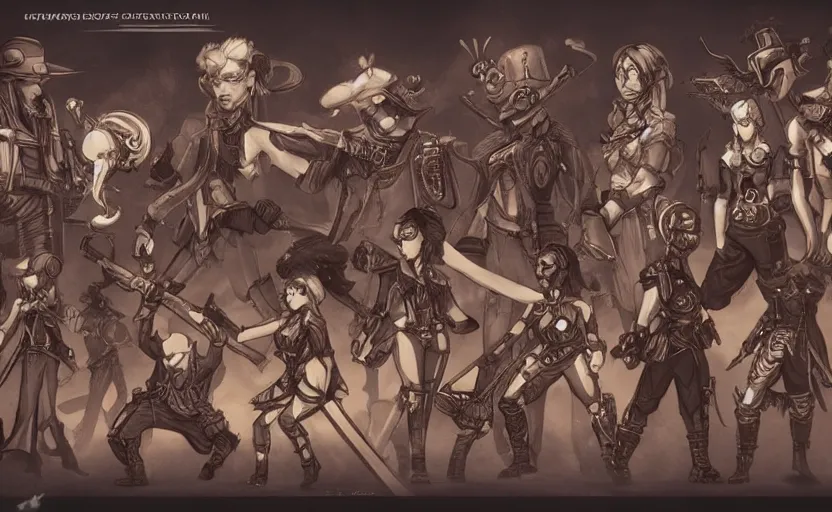 Prompt: character roster concept drawing for a steampunk fantasy themed tactical rpg, artwork by ross tran