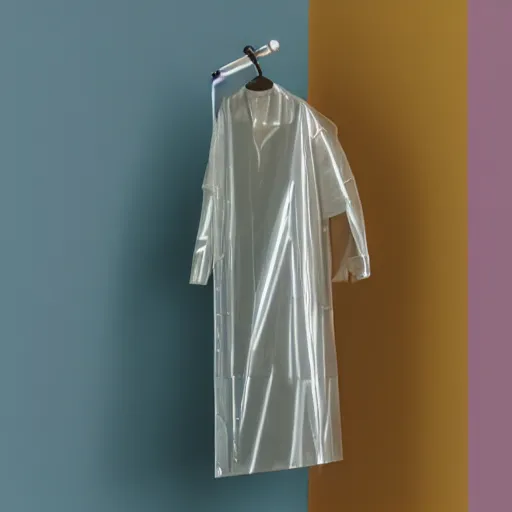 Image similar to an ultra high definition professional studio quality photograph of a transparent iridescent perspex pastel coloured raincoat on a white coat hook in an empty white room. dramatic lighting, ray tracing, refraction, shallow d. o. f, colour corrected, golden ratio, three point light.