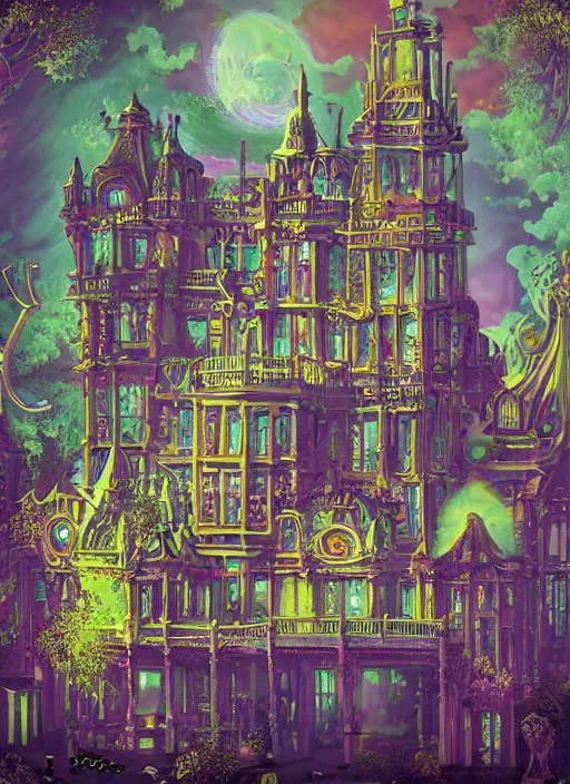 Prompt: trippy fantasy wavy futuristic victorian atompunk mansion, surreal, fins, architectural accents, colourful paint - c 7