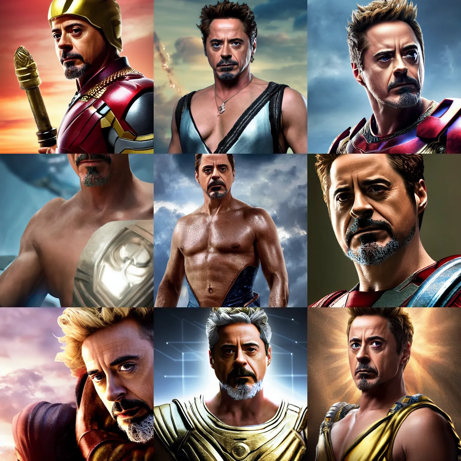 Prompt: zeus played by robert downey jr., high quality, realistic, 8 k, photorealistic