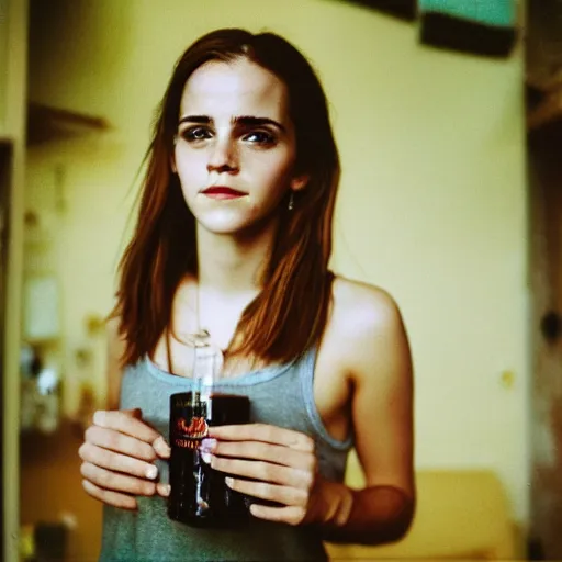 Image similar to portrait close up, emma watson skinny malnourished redneck, smiling, jug of whiskey, 2 6 mm, kodak gold 2 0 0,