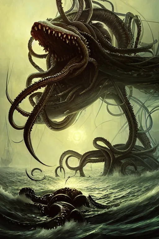 Prompt: kraken attack by anna podedworna, ayami kojima, greg rutkowski, giger, maxim verehin