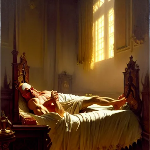 Image similar to the pope wakes up is his bed, sweating, nervous, terrified, because a double horned shadow demon lurks in the papal bedroom. highly detailed painting by gaston bussiere, j. c. leyendecker, greg rutkowski, craig mullins 8 k