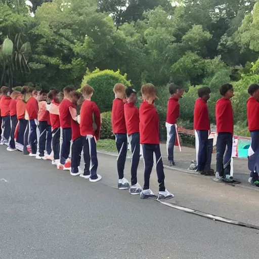 Prompt: beautiful boys, human chain join from the back and front