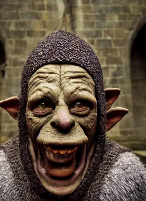 Prompt: closeup portrait of a medieval goblin in the cloisters, selfie style, depth of field, zeiss lens, detailed, symmetrical, centered, fashion photoshoot, by annie leibovitz and steve mccurry, david lazar, jimmy nelsson, breathtaking, 8 k resolution, extremely detailed, beautiful, establishing shot, artistic, hyperrealistic, beautiful face, octane render