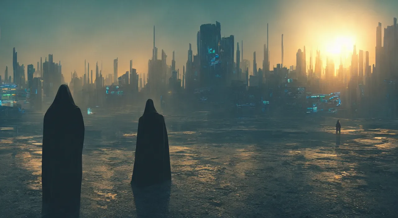 Image similar to a singular cloaked figure standing in the foreground of a cyberpunk landscape, synth, puddles, sunrise