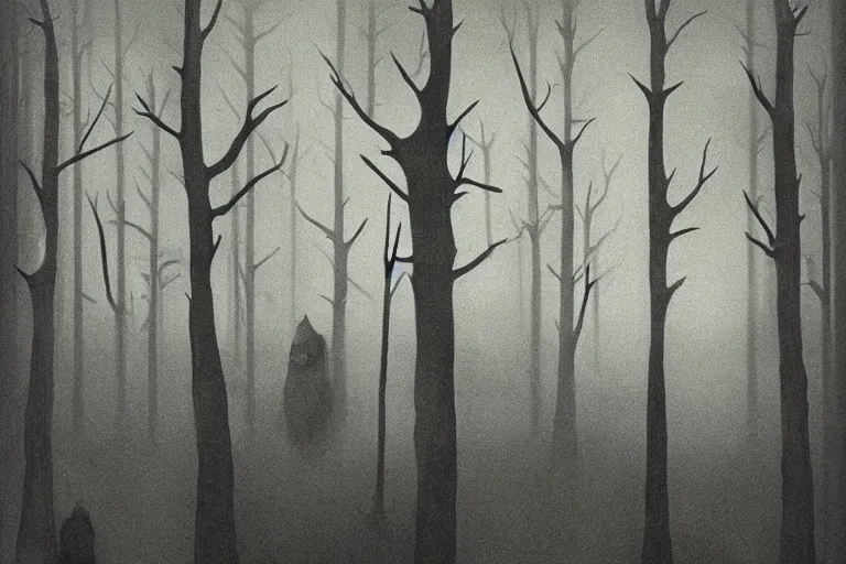 Image similar to IKEA catalogue photo, ghostly teenager bedroom, dark trees, tree trunks, earthy, haunted, dark and misty, owls by Beksiński