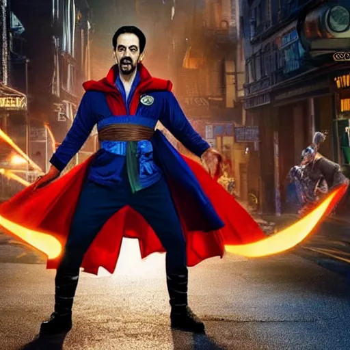 Image similar to A movie still of Lin-Manuel Miranda as Zombified version of Dr Strange, dynamic lighting, 8k, Heroic Pose, 2022 picture of the year