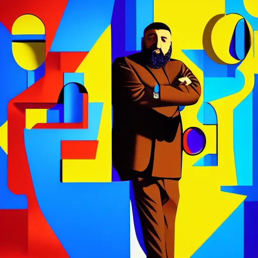 Image similar to ultra realistic portrait of dj khaled in a studio, ultra detailed, under blue, red and yellow cinematic lighting, salvador dali, cartoon, monument valley, escher