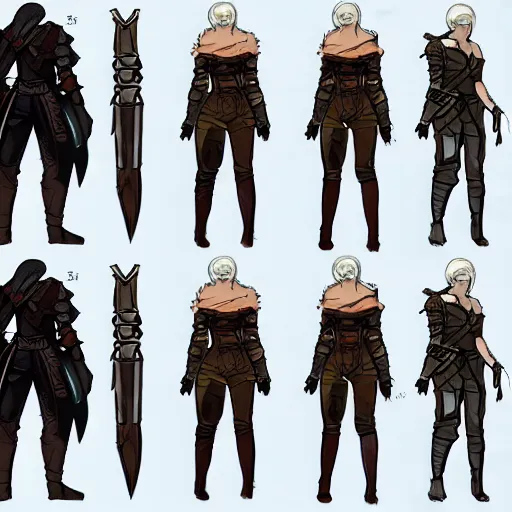 Image similar to character concept art sheet the witcher 3 female, turnaround, concept art, sketchy style