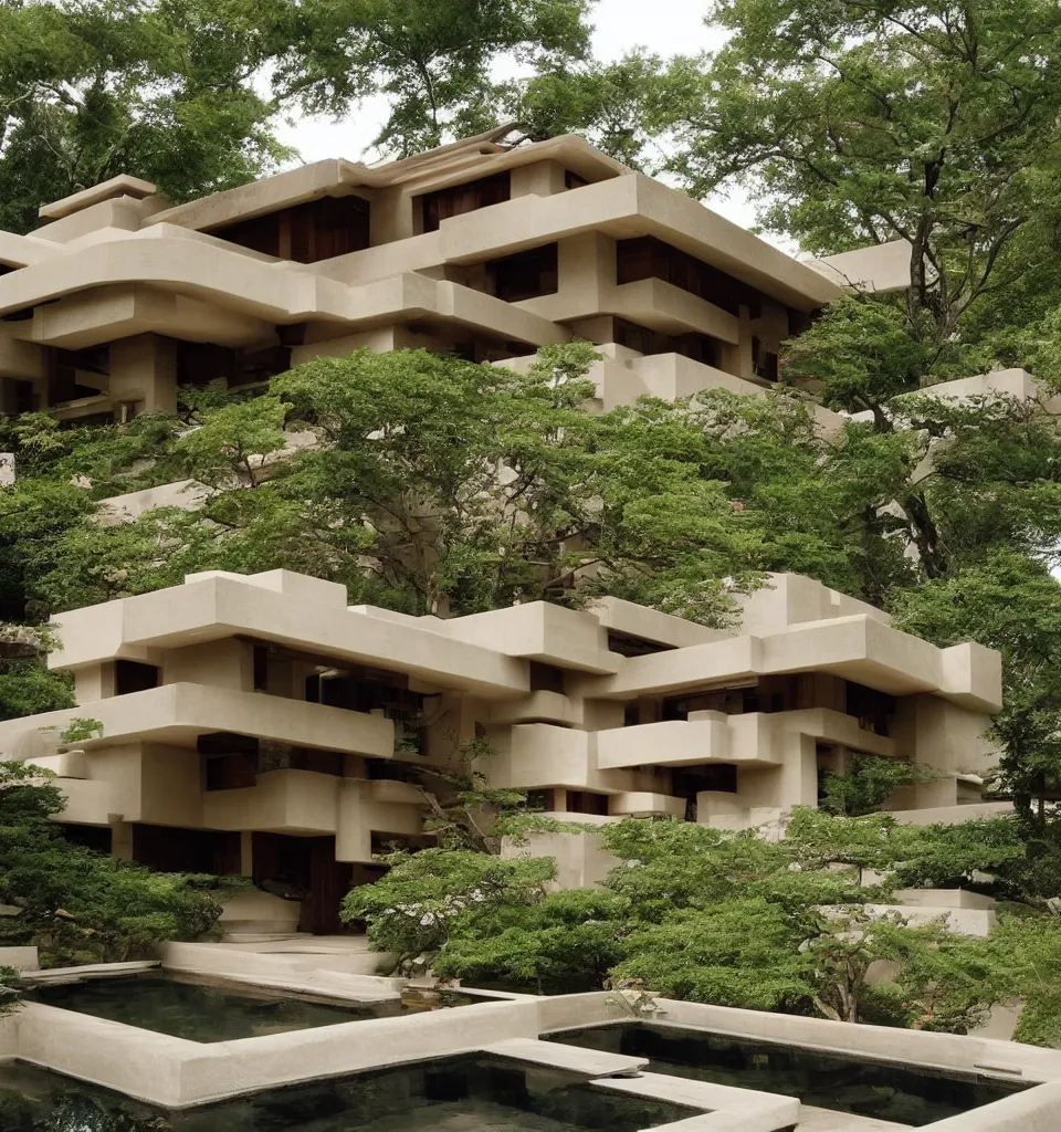 Image similar to a flowing villa with architectural design ， by frank lloyd wright ， trending ，