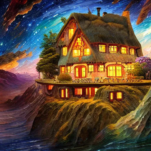 Prompt: cottage in the stars, cliffs of galaxies cryengine render by android jones, james christensen, rob gonsalves, leonid afremov and tim white