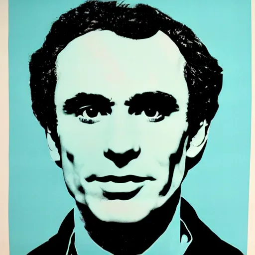 Prompt: individual silk screen portrait of ted bundy by andy warhol