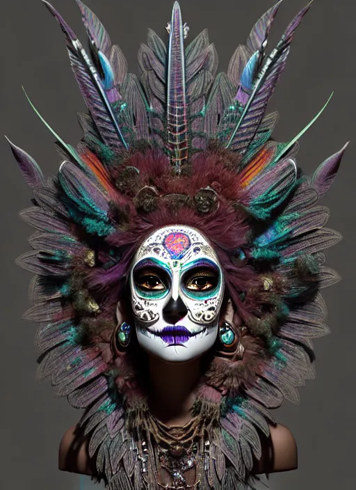 Image similar to 3 d mexican goddess profile portrait. beautiful intricate highly detailed day of the dead mask and feathers. low - key lighting, bioluminescent, plasma, lava, ice, water, wind, creature, quetzalcoatl, artwork by tooth wu and wlop and beeple and greg rutkowski, 8 k trending on artstation,
