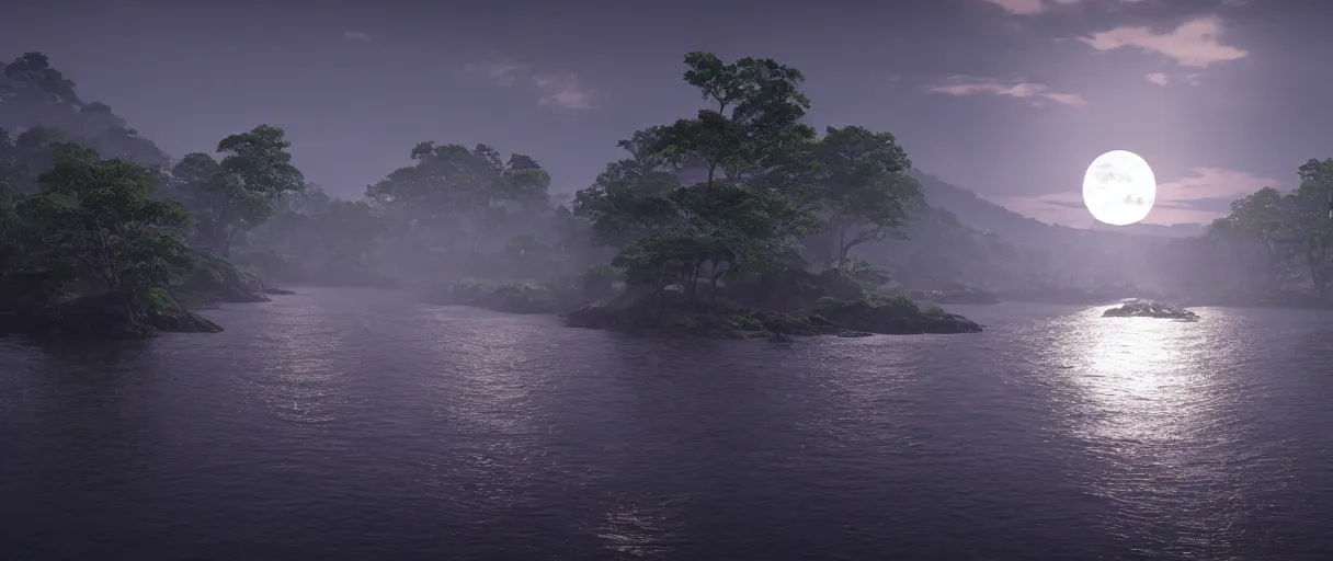 Prompt: The moonlight shines on the wide river, Ghost of Tsushima, finely rendered, Unreal Engine 5, realistic