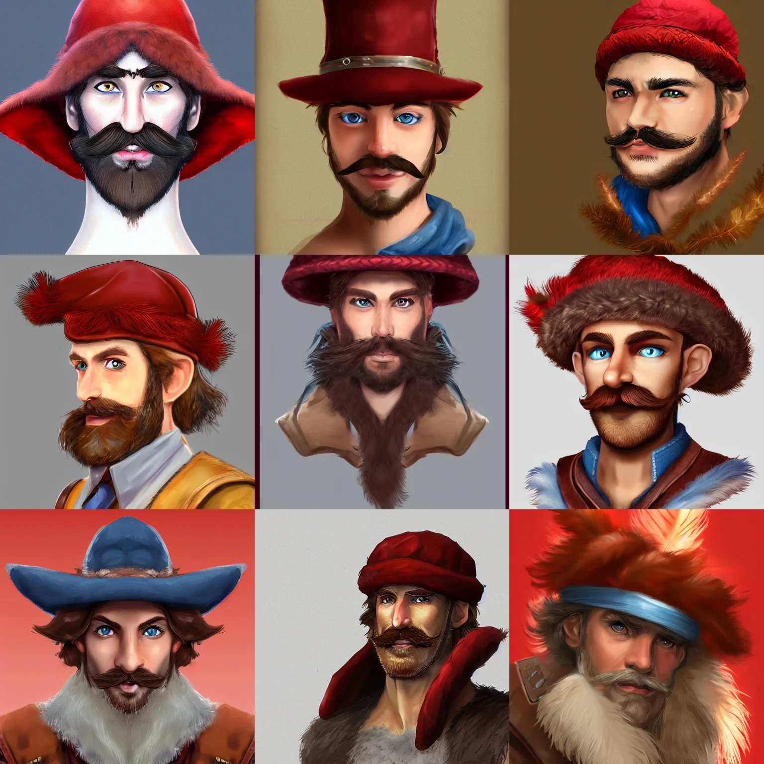 Prompt: Caucasian Man with blue eyes and brown curly mustache wearing a red Cavalier hat with feather. D&D Character Head and Shoulders Portrait. RPG Digital Artwork. Trending on Artstation.