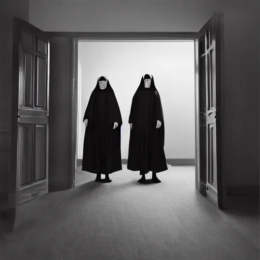 Prompt: award winning photo,two Hovering twin nuns, in a bedroom hovering off the ground, wearing pointed hoods, buxom chested, blindfolded, wearing translucent veils, see through dress, Very long arms, bedroom, wood door, eerie, frightening, highly detailed, photorealistic, colorized —width 1024 —height 1024