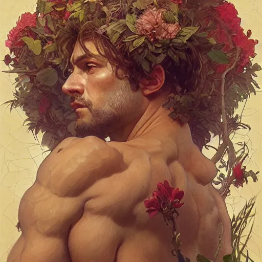 Image similar to god of the forest, 3 0 years old, rugged, male, gorgeous, detailed face, amazing, thighs, flowers, muscular, intricate, highly detailed, digital painting, artstation, concept art, sharp focus, illustration, art by gaston bussiere greg rutkowski alphonse mucha