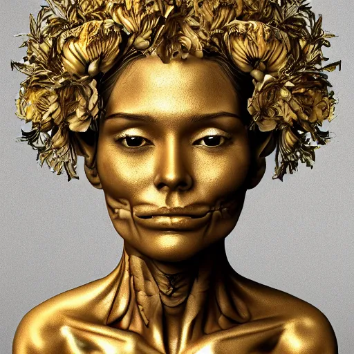 Prompt: beatifull face portrait of a woman, 150 mm, anatomical, flesh, flowers, mandelbrot fractal, facial muscles, veins, arteries, intricate, golden ratio, full frame, microscopic, elegant, highly detailed, ornate, ornament, sculpture, elegant , luxury, beautifully lit, ray trace, unreal, 3d, PBR, in the style of peter Gric , alex grey and Romero Ressendi