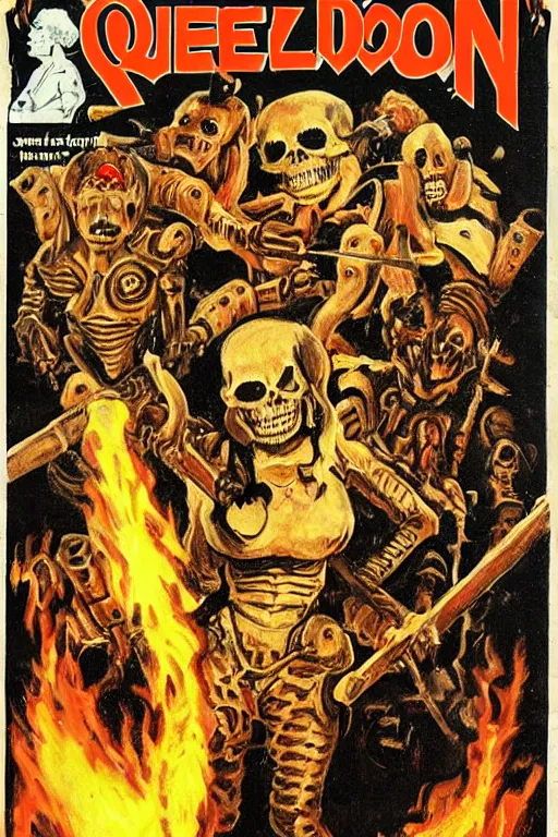 Image similar to Queen Elizabeth 2 with a chainsaw in her hands fights with an army of skeletons in hell, in the style of the cover of the 2 part of doom,