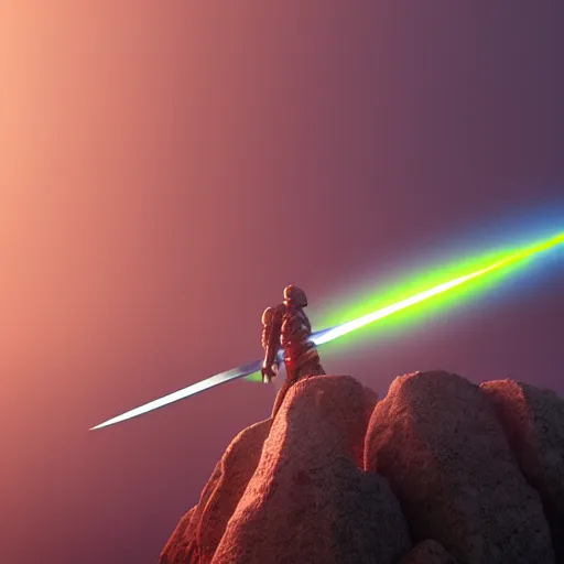 Image similar to hyperrealistic sword standing on a glowing rock, distant planet in background, fog, glow, sharp, 4 k, lens flare, highly detailed digital art, trending on artstation, masterpiece