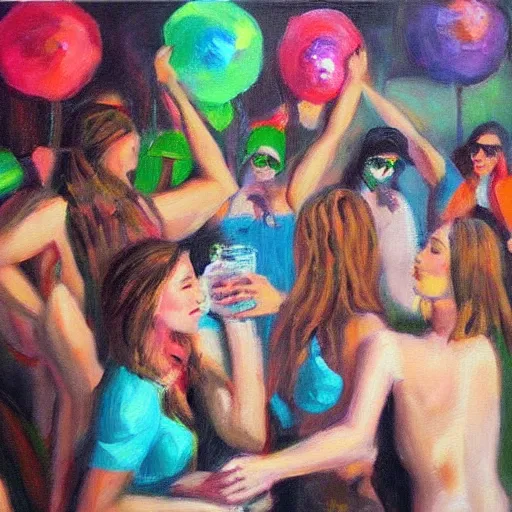 Image similar to “springbreak party, oil painting by mark tennant”